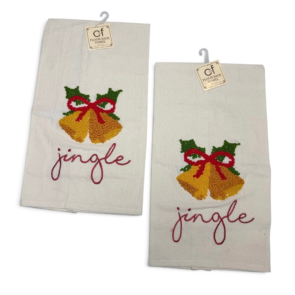 C&F Home Jingle Bells & Bow Flour Sack Towels Set of 2 Christmas 86171388 NWT